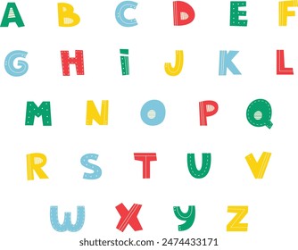 Alfabeto inglés de Vector con patrones. Juego de letras elegante y colorido. Set para tarjetas, carteles, cuadernos