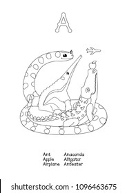 vector English Alphabet series Amusing Animals. Cartoon illustration letter A. Black line outline clipart isolated on white. Coloring book page for kids, baby doodle poster Manual Education ABC 26 A-Z