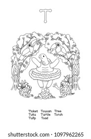 vector English Alphabet series Amusing Animals. Cartoon illustration letter T. Black line outline clipart isolated on white. Coloring book page for kids, baby doodle poster Manual Education ABC 26 A-Z