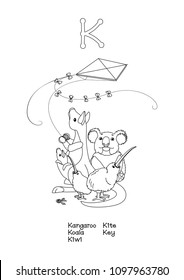 vector English Alphabet series Amusing Animals. Cartoon illustration letter K. Black line outline clipart isolated on white. Coloring book page for kids, baby doodle poster Manual Education ABC 26 A-Z