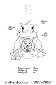 vector English Alphabet series Amusing Animals. Cartoon illustration letter H. Black line outline clipart isolated on white. Coloring book page for kids, baby doodle poster Manual Education ABC 26 A-Z