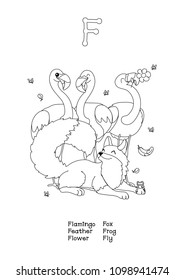 vector English Alphabet series Amusing Animals. Cartoon illustration letter F. Black line outline clipart isolated on white. Coloring book page for kids, baby doodle poster Manual Education ABC 26 A-Z
