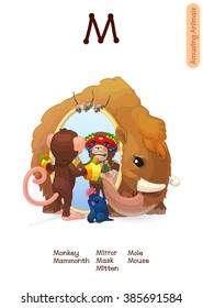 vector English Alphabet series of Amusing Animals. Cartoon illustration letter M. Mole, Mammonth, Monkey, Mittens , Mask, Mirror, Mouse. Clip art isolated on white background. EPS 10 without mesh
