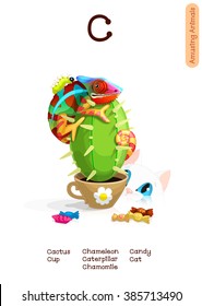 vector English Alphabet series of Amusing Animals. Cartoon illustration letter C. Caterpillar, Cactus, Chameleon, Candy, Cup, Cat. Clip art isolated on white background. EPS 10 without mesh