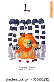 vector English Alphabet series of Amusing Animals. Cartoon illustration letter L. Ladybug, Lion, Lemur, Loupe. Clip art isolated on white background. EPS 10 without mesh