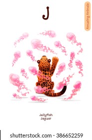 vector English Alphabet series of Amusing Animals. Cartoon illustration letter J. Jellyfishes, Jaguar. Clip art isolated on white background. EPS 10 without mesh