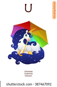 vector English Alphabet series of Amusing Animals. Cartoon illustration letter U. Universe, Umbrella, Unicorn. Clip art isolated on white background. EPS 10 without mesh