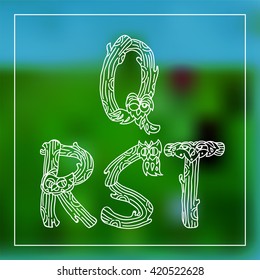 Vector English alphabet, type, script, font. Cartoon doodle letters in childish funny style. Perfect for kid books, coloring for adult, monogram. Elements owls and wood branches. White line
