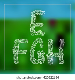 Vector English alphabet, type, script, font. Cartoon doodle letters in childish funny style. Perfect for kid books, coloring for adult, monogram. Elements owls and wood branches. White line
