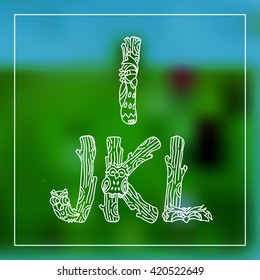 Vector English alphabet, type, script, font. Cartoon doodle letters in childish funny style. Perfect for kid books, coloring for adult, monogram. Elements owls and wood branches. White line
