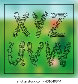Vector English alphabet, type, script, font. Cartoon doodle letters in childish funny style. Perfect for kid books, coloring for adult, monogram. Elements caterpillars and wood branches. Black line
