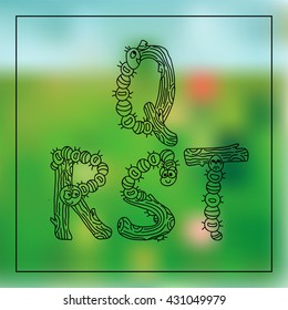 Vector English alphabet, type, script, font. Cartoon doodle letters in childish funny style. Perfect for kid books, coloring for adult, monogram. Elements caterpillars and wood branches. Black line