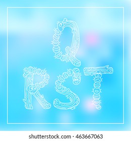 Vector English alphabet, type, script, font. Cartoon doodle letters in childish funny style. Perfect for kid books, coloring for adult, monogram. Elements caterpillars and wood branches. White line