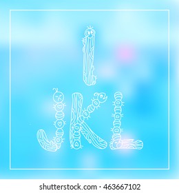Vector English alphabet, type, script, font. Cartoon doodle letters in childish funny style. Perfect for kid books, coloring for adult, monogram. Elements caterpillars and wood branches. White line