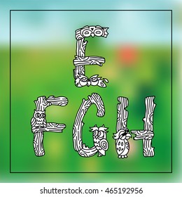 Vector English alphabet, type, script, font. Cartoon doodle letters in childish funny style. Perfect for kid books, coloring for adult, monogram. Elements owls and wood branches. Black and white
