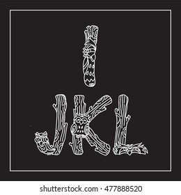 Vector English alphabet, type, script, font. Cartoon doodle letters, vintage style. Monogram, logo, decor elements. Forest owls, wood branches. White line on black
