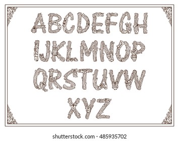 Vector English alphabet, type, script, font. Cartoon letters, vintage ornament. Monogram, logo, decor elements. Forest owls, wood branch. Decorative font, type for card, invitation. Typography design