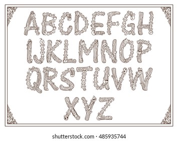 Vector English alphabet, type, script, font. Cartoon hand drawn letters. Vintage ornament from caterpillars and wood branches. Decorative font, type for card, invitation design. Typography design