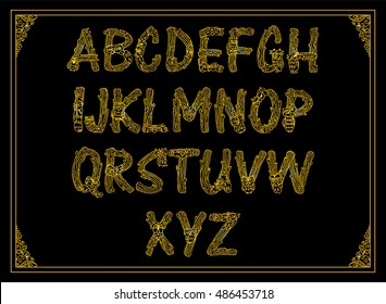 Vector English alphabet, type, script. Cartoon letters, vintage ornament. Monogram, logo, decor elements. Forest owls, wood branches. Decorative font for card, invitation. Premium gold metal style