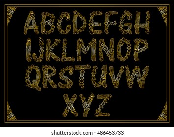 Vector English alphabet, type, script, font. Cartoon hand drawn letters. Vintage ornament from caterpillars and wood branches. Decorative font, type for card, invitation design. Premium gold style