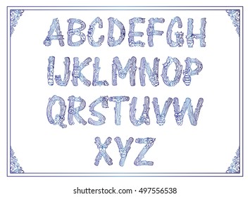 Vector English alphabet, type, script. Cartoon letters, vintage ornament. Monogram, logo, decor elements. Forest owls, wood branches. Decorative font for card, invitation design. Blue watercolor style