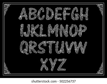 Vector English alphabet, type, script. Cartoon letters, vintage ornament. Monogram, logo, decor elements. Forest owls, wood branches. Decorative font for card, invitation design. Chalkboard style 