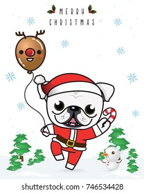 Vector of  English Bulldog cartoon in Christmas Santa Claus 
costume , winter season , snowflake  and Christmas tree background