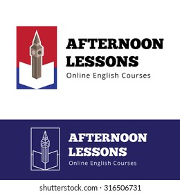 Vector English courses logo concept with big ben and open book. English lessons logotype with outline version
