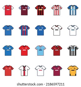 Vector English Football League Team Kits 2022 On White Background. Twenty Symbols Of Soccer Jerseys Front View.