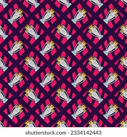 Vector English football league trophy icon seamless pattern on dark purple background with pink jagged lines.