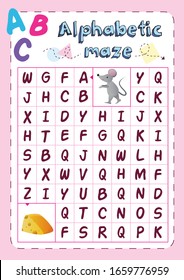 Vektorillustration Englisch Sprachspiel für Kinder mit alphabetischem Labyrinth. Labyrinth aus Buchstaben mit Maus und Käse.