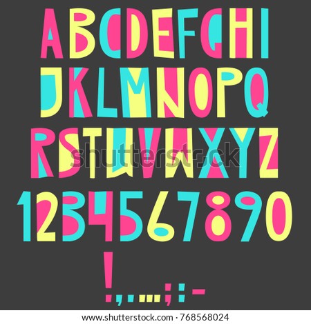Vector English latin alphabet. Letters, numbers, symbols. Isolated font, comic cartoon style. Colorful