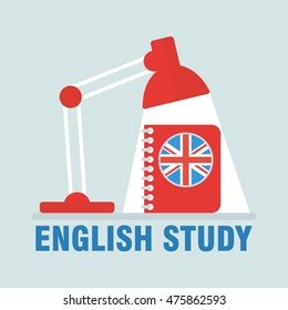 Vector english study image with lamp and book. Elements for marketing, advertising design, promotion, branding and media. Flat cartoon illustration. Objects isolated on a white background.