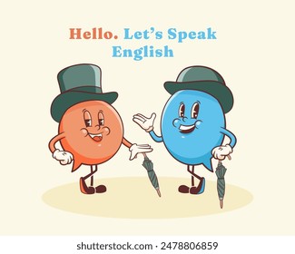 Vector English Talk Language Learning Group of British Gentleman Characters in Hats Illustration. Groovy Cartoon Speech Bubbles Conversation Chat Message London Speak Personage. Isolated