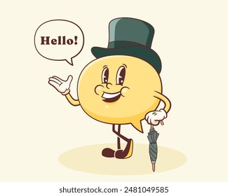 Vector English Talk Language Learning British Gentleman Character in Hat Illustration. Groovy Cartoon Speech Bubble Conversation Chat Message London Speak Personage. Isolated