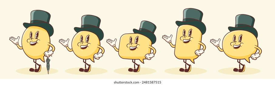 Vector English Talk Language Learning Group of British Gentleman Characters in Hats Illustrations Set. Groovy Cartoon Speech Bubbles Conversation Chat Message London Speak Personage. Isolated