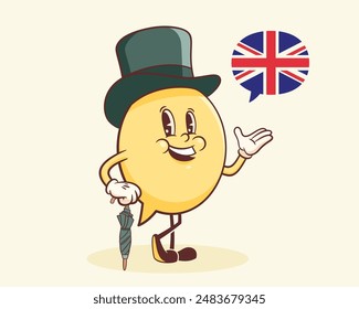 Vector English Talk Language Learning British Gentleman Character in Hat Illustration. Groovy Cartoon Speech Bubble Conversation Chat Message London Speak Personage. Isolated