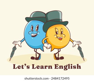 Vector English Talk Language Learning Group of British Gentleman Characters in Hats Illustration. Groovy Cartoon Speech Bubbles Conversation Chat Message London Speak Personage. Isolated