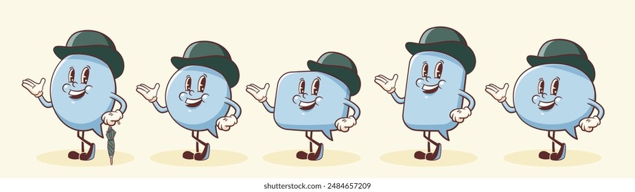 Vector English Talk Language Learning Group of British Gentleman Characters in Hats Illustrations Set. Groovy Cartoon Speech Bubbles Conversation Chat Message London Speak Personage. Isolated