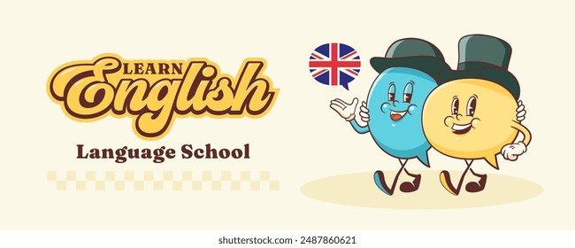 Vector English Talk Language Learning Group of British Gentleman Characters in Hats Illustration Banner. Groovy Cartoon Speech Bubbles Conversation Chat Message London Speak Personage. Isolated