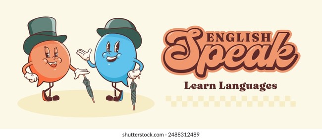 Vector English Talk Language Learning Group of British Gentleman Characters in Hats Illustration Banner. Groovy Cartoon Speech Bubbles Conversation Chat Message London Speak Personage. Isolated