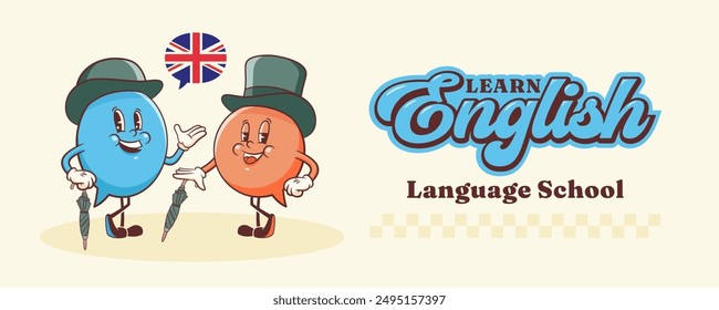 Vector English Talk Language Learning Group of British Gentleman Characters in Hats Illustration Banner. Groovy Cartoon Speech Bubbles Conversation Chat Message London Speak Personage. Isolated