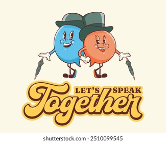 Vector English Talk Language Learning Group of British Gentleman Characters in Hats Illustration. Groovy Cartoon Speech Bubbles Conversation Chat Message London Speak Personages Label. Isolated