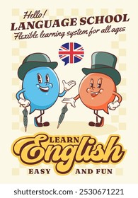 Vector English Talk Language Learning Group of British Gentleman Characters in Hats Illustration Poster. Groovy Cartoon Speech Bubbles Conversation Chat Message London Speak Personage Isolated