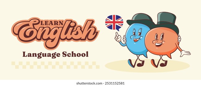 Vector English Talk Language Learning Group of British Gentleman Characters in Hats Illustration Banner. Groovy Cartoon Speech Bubbles Conversation Chat Message London Speak Personage. Isolated