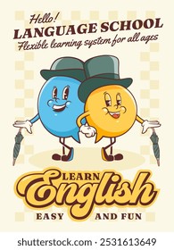 Vector English Talk Language Learning Group of British Gentleman Characters in Hats Illustration Poster. Groovy Cartoon Speech Bubbles Conversation Chat Message London Speak Personage Isolated