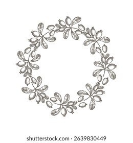 Vector engraved border frame of Feijoa plant for text. Hand drawn background label with branch and fruits of tropical berry edible feijoa. Food, dessert. Design element for wrapping, sign, card, logo