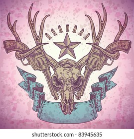 vector engraved deer skull with ribbon and guns