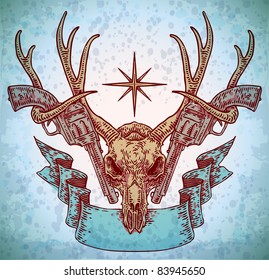 vector engraved deer skull with ribbon and guns
