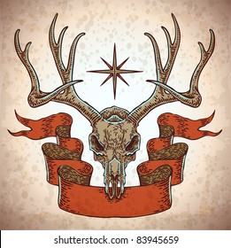 vector engraved deer skull with ribbon